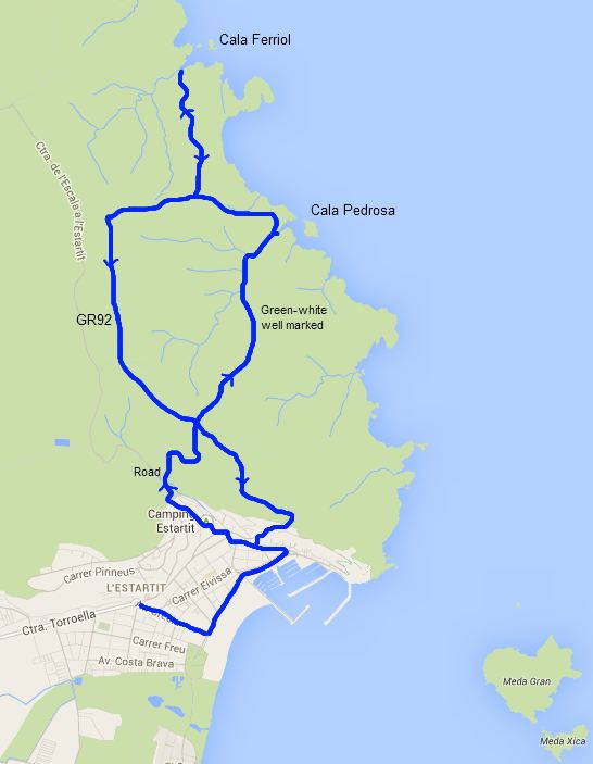 Walking route from Estartit to Cala Pedrosa and Cala Ferriol on the Costa Brava