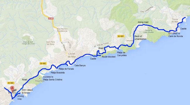 Walking route GR92 from Blanes to Lloret de Mar and Tossa de Mar
