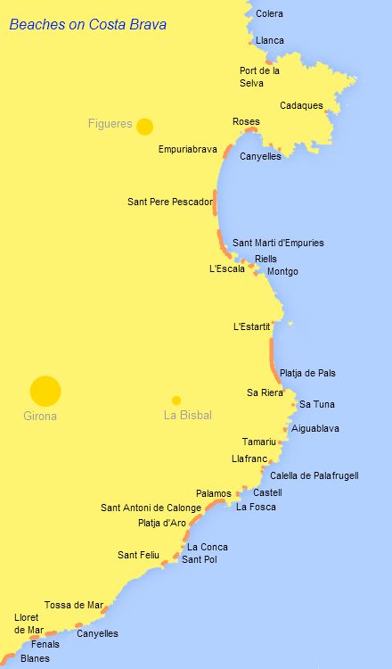 Beaches on the Costa Brava location map for the main bays and beaches