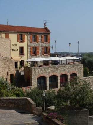 Elne town with restaurant on the town walls