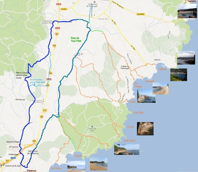 Walks and routes from the Ruta de Tren Petit to the beaches between Palafrugell and Palamos Costa Brava - click for a full size image
