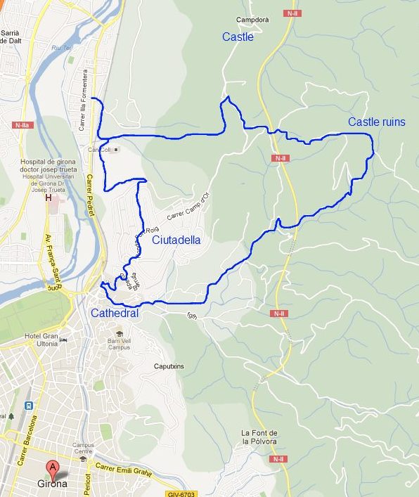 Walking map for Girona to Castell de St Miquel and St Denis valley